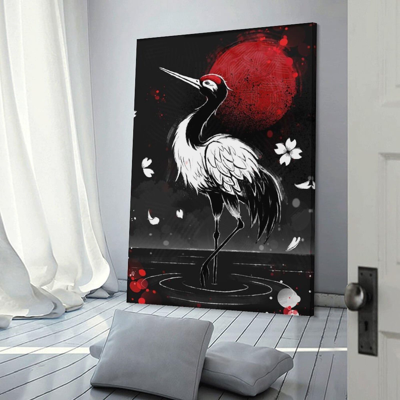 Junmoney Crane And Red Moon Illustration Canvas Art Print 16x24inch(40x60cm), for Bedroom Decor, Cosy Corners Or Studios, An Easy Wall Refresh for Bedrooms