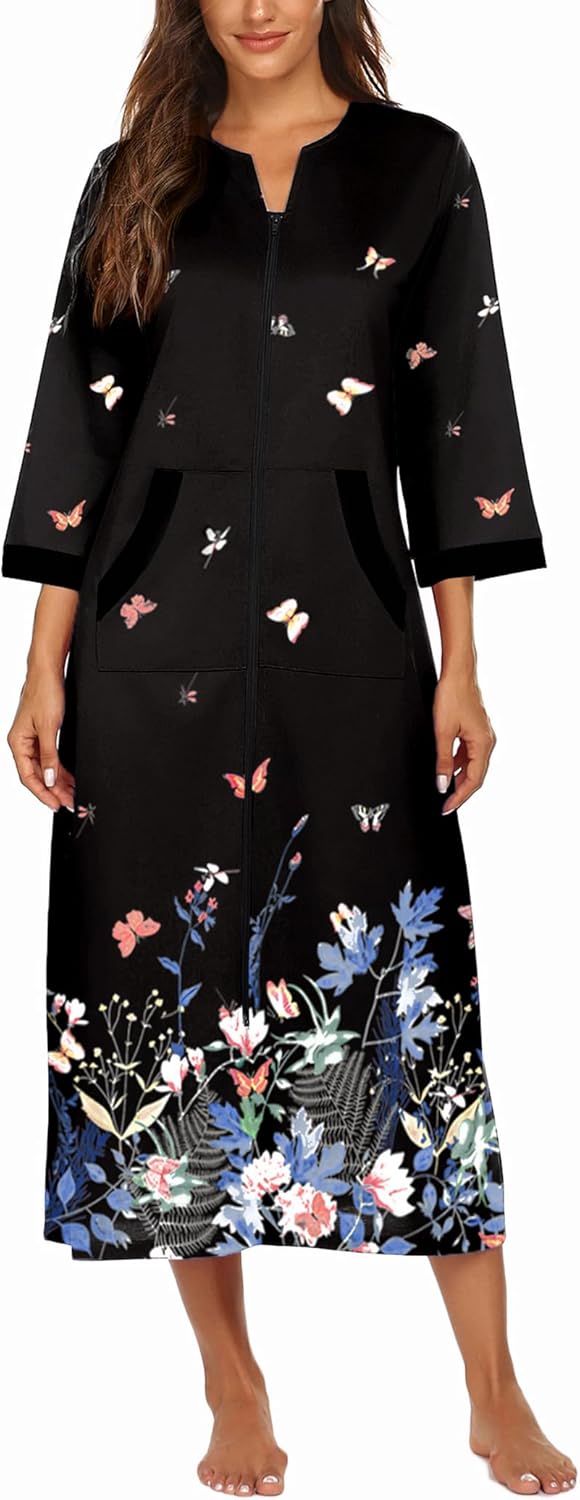Ekouaer Women Zipper Robe 3/4 Sleeves Loungewear Dress Full Length Sleepwear Pockets Housecoat Nightgown Long Bathrobe - Image 2