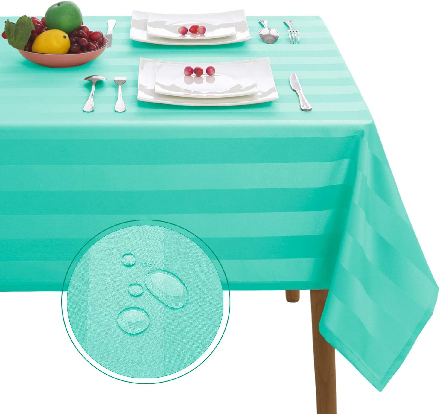 Hiasan Waterproof Striped Square Tablecloth - Spillproof, Stain Resistant Washable Polyester Fabric Jacquard Oblong Table Cloth for Banquet, Dining Room and Outdoor Picnic, Aqua, 54 x 54 Inch