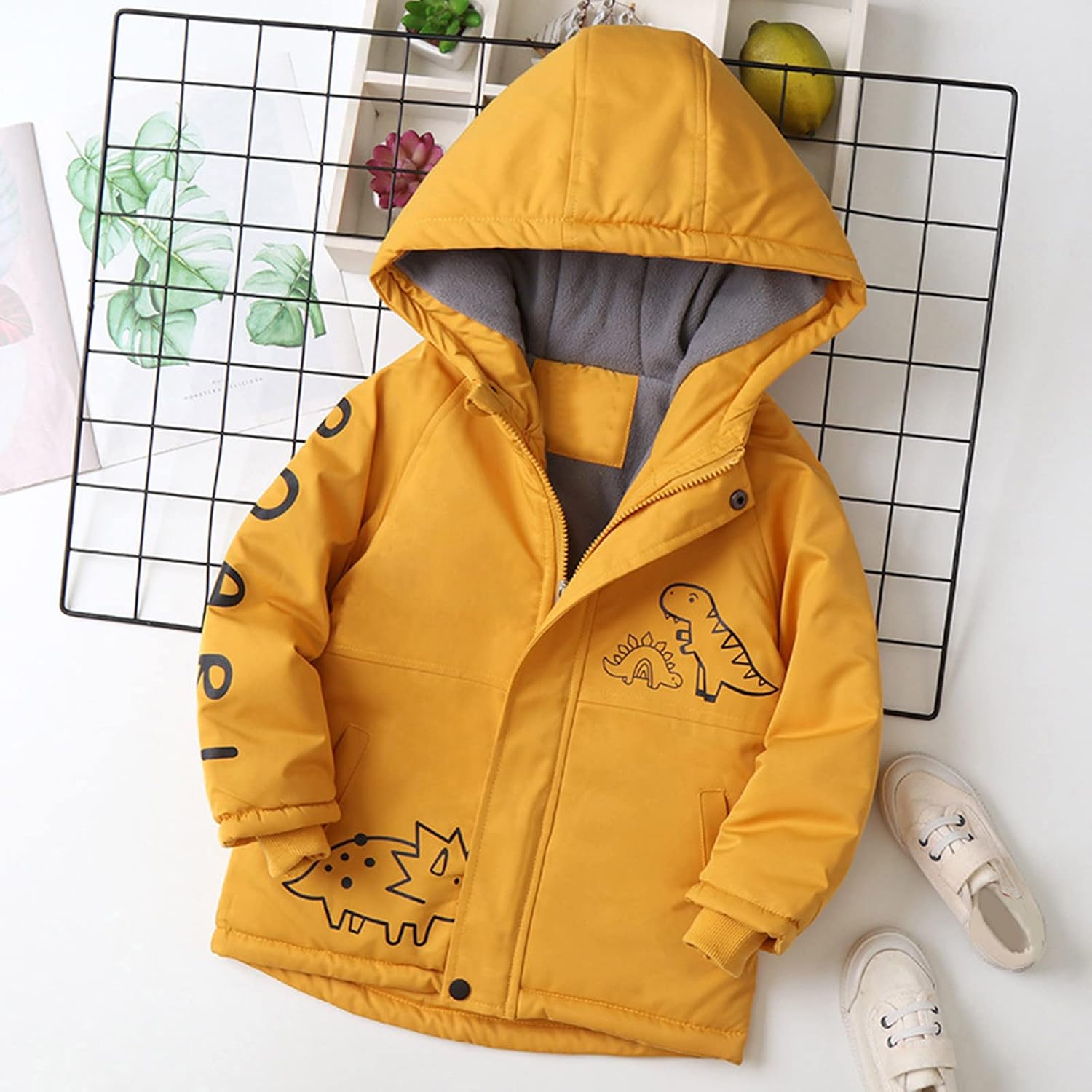 Kids Boys Girls Winter Thicken Coat Dinosaur Prints Hooded Jacket Toddler Windproof Winter Coat for (Yellow, 5-6 Years)