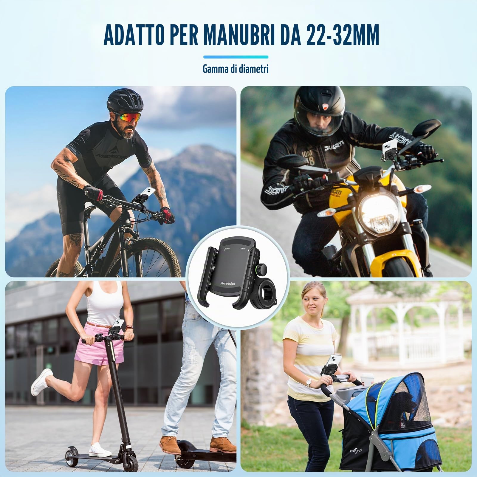 Porta Cellulare Bici, Supporto Telefono per Moto Universale Anti-Shake, Supporto Smartphone per Bici Manubrio MTB Scooter 360° Rotabile Compatibile con 3.5"-7.0" iPhone Samsung Huawei (Nero)