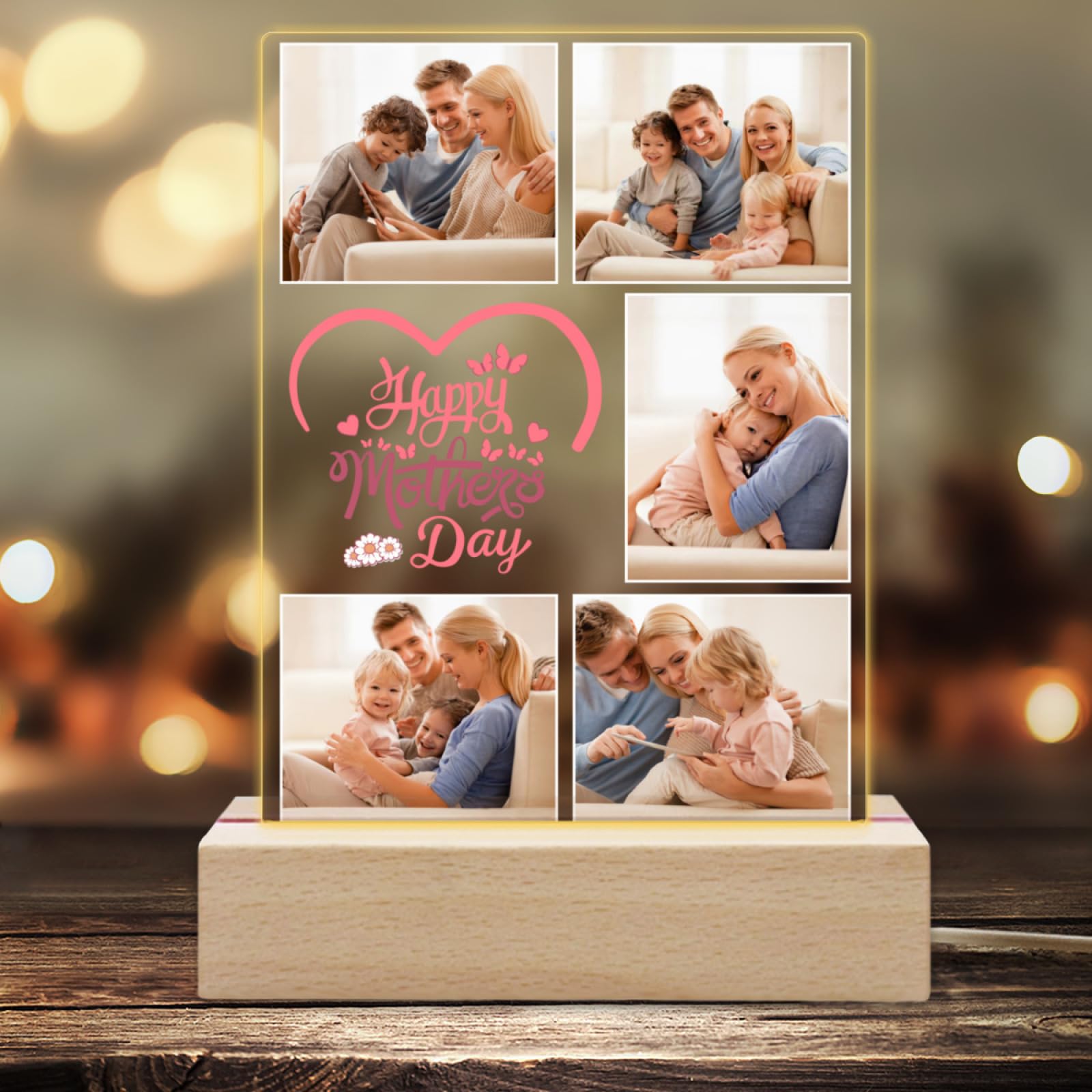 Custom Photo Frames Led Night Light with Acrylic Plaque, Personalized Light Up Picture Frame with Photo Collage Text Mothers Day Gifts Memorial Gifts For Him Her (5Photo)