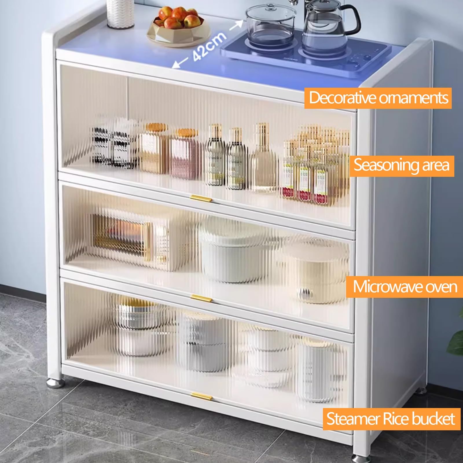 Mobile Credenza Cucina Dispensa con Porta Visiva in Acrilico, Materiale in Acciaio al Carbonio Quattro Livelli di Spazio di Archiviazione, a Cucina, Soggiorno, Studio, Bianco(120cm)