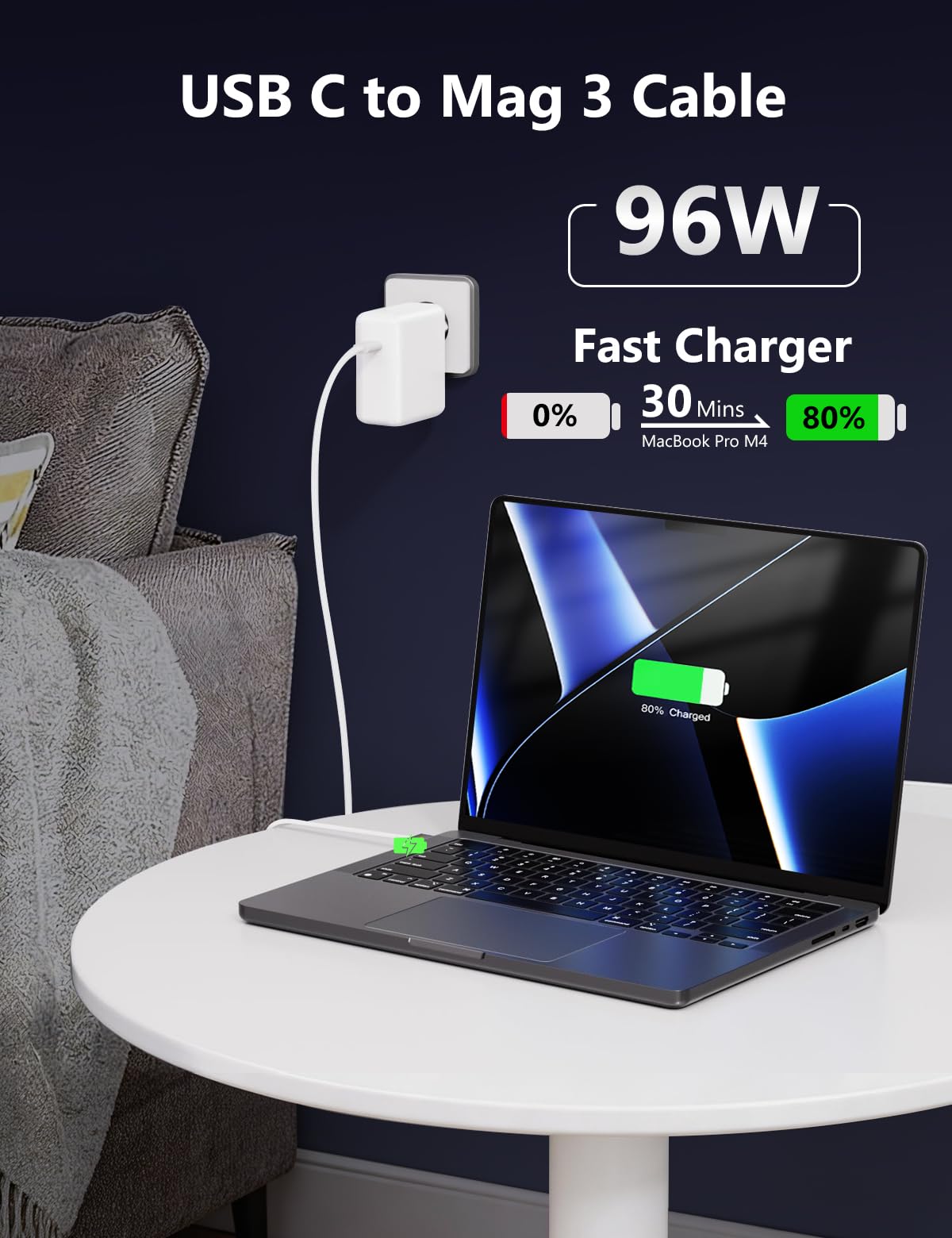 96W Chargeur Magnétique, Mac Book Chargeur Rapide avec USB-C Auf T-Tip 6.6FT Câbles Adaptateur Mag3 Compatible avec MacBook Pro 14/16 Pouces MacBook Air 13/15 Pouces, Replacement (Mid 2021-2025)
