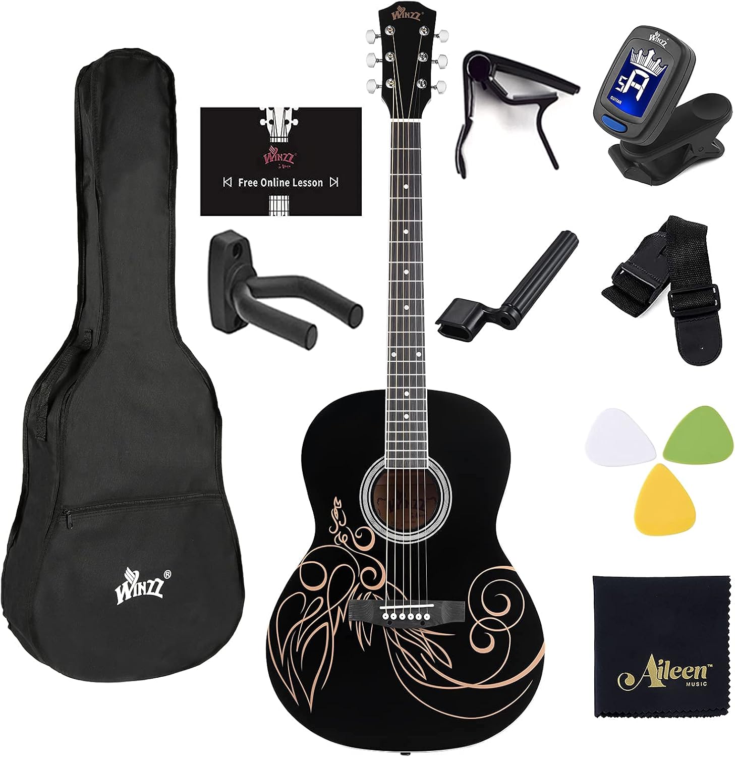 Amazon.com: WINZZ AF227A - Guitarra acústica de concierto de 39 pulgadas  con kit completo, color negro brillante : Instrumentos Musicales