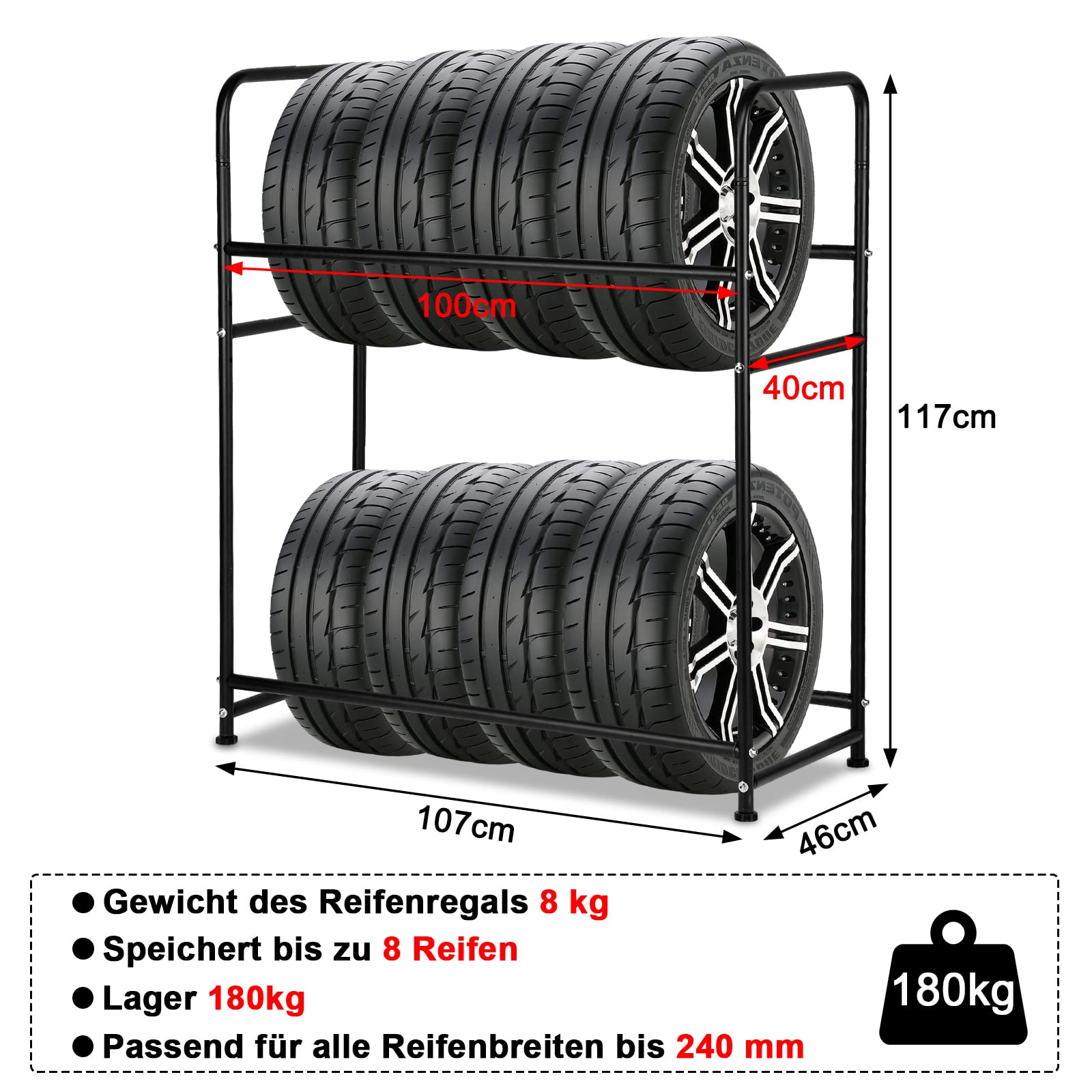 Eulenke 1 estantería para neumáticos de dos capas, para 8 neumáticos, estantería para sótano con funda protectora para neumáticos, 180 kg de carga, 117 x 46 x 107 cm, estante para cargas pesadas, 117