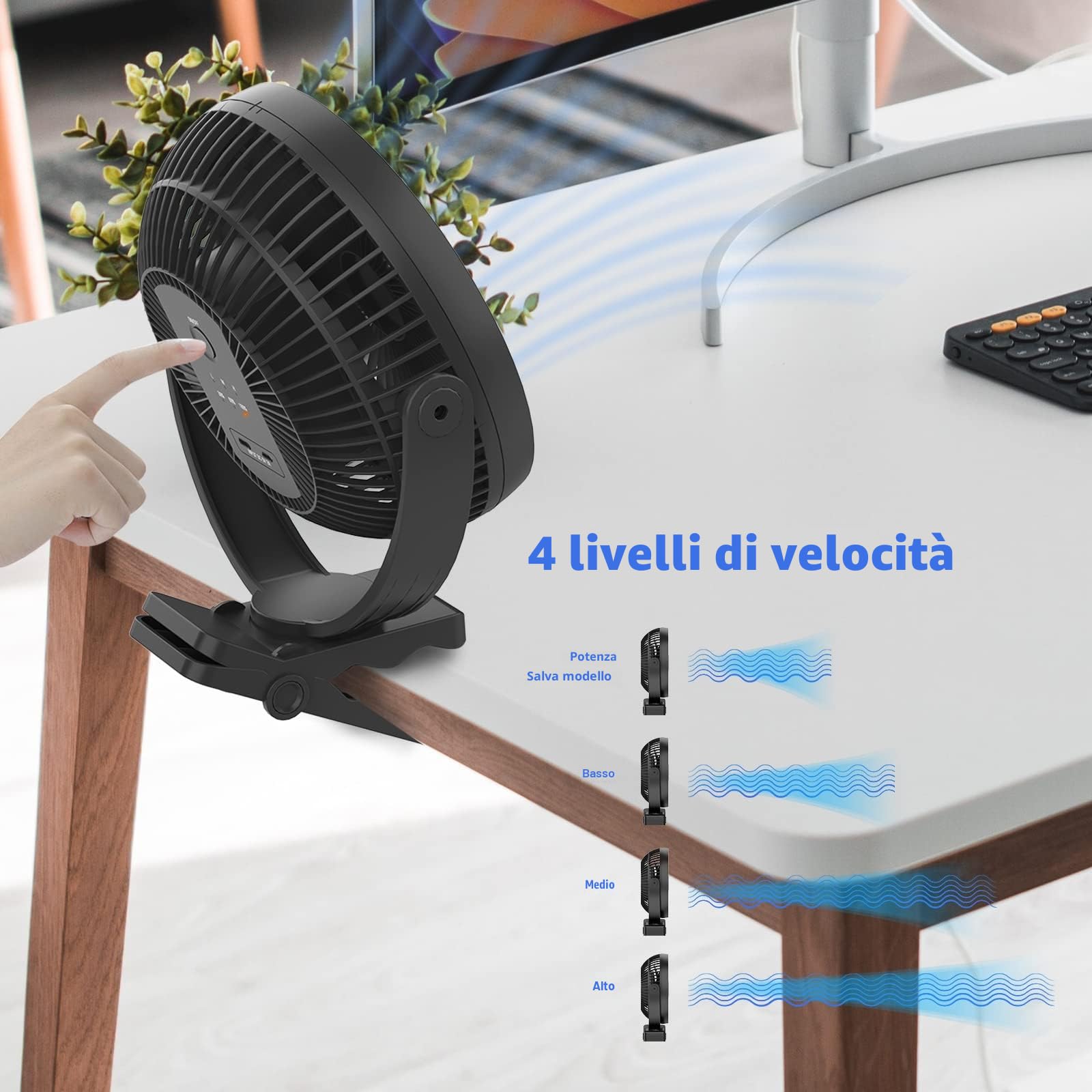ATEngeus Mini ventilatore USB 8 pollici con batteria 10000 mAh, portatile piccolo ventilatore da ufficio, 4 velocità, doppia rotazione a 360°, con cavo USB, adatto per famiglie, uffici