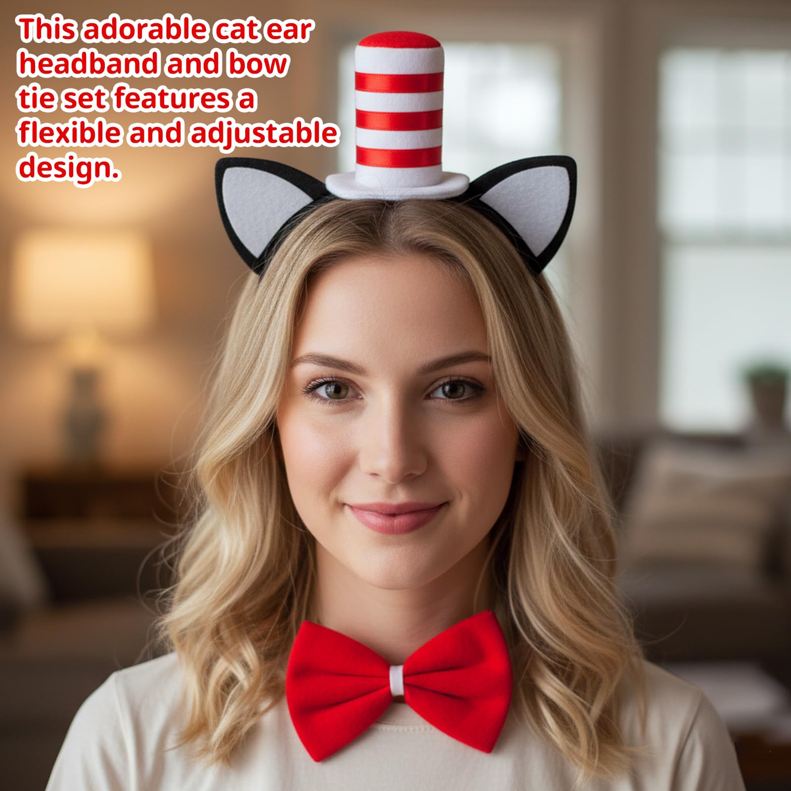 YTLSDHF 3-Piece Cat Costume Accessory Set, Cat In The Hats Costumes, Cat Ears Headband With Red Bow, Cat Ears And Tail - Image 4