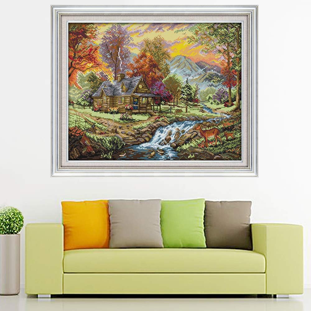 Cross Stitch Counted Kits Stamped Kit Cross-Stitching Pattern for Home Decor, 11CT Pre-Printed Fabric Embroidery Crafts Needlepoint Kit (Printed Kits,Holiday Villa)