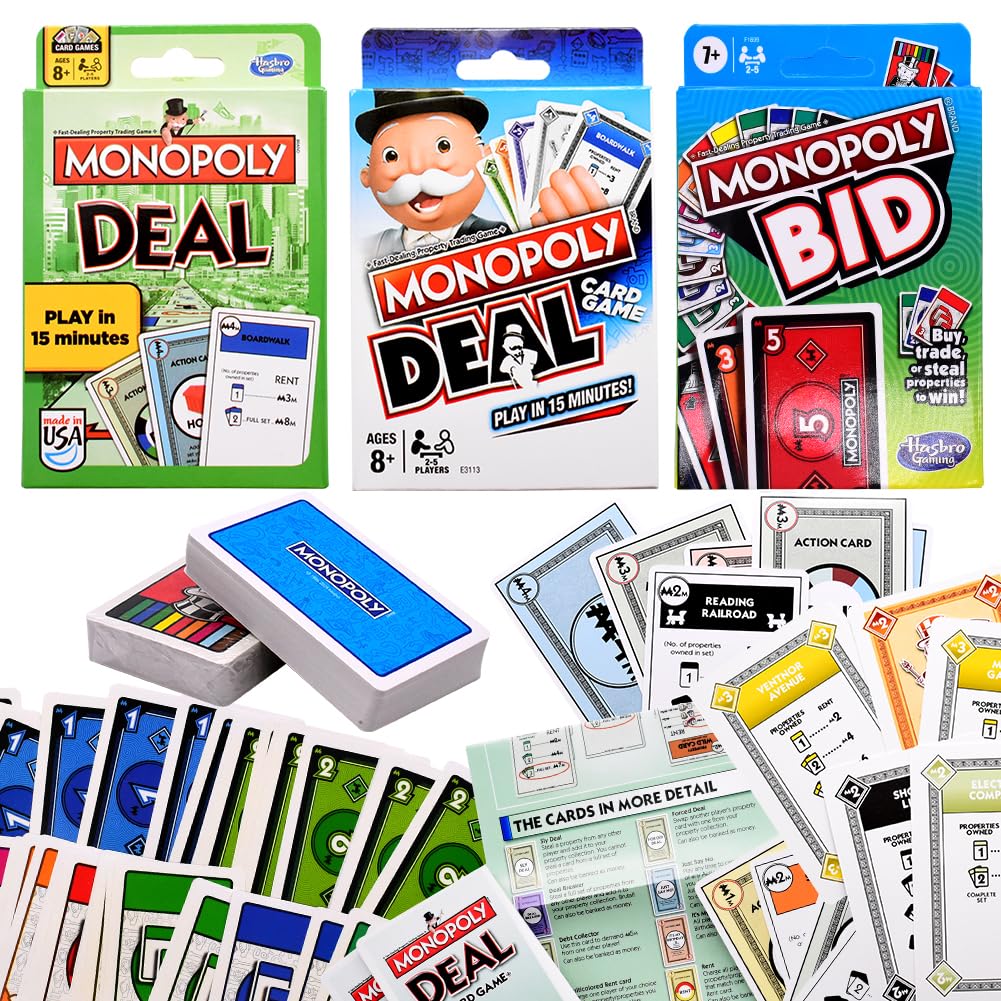 Kids Toys Play Time Monopol-y Card Game, Set of 3pcs Deal Card Game and Bid Game, Quick-Playing Card Game，Fun Game to Play for Families and Kids Ages 7 and Above