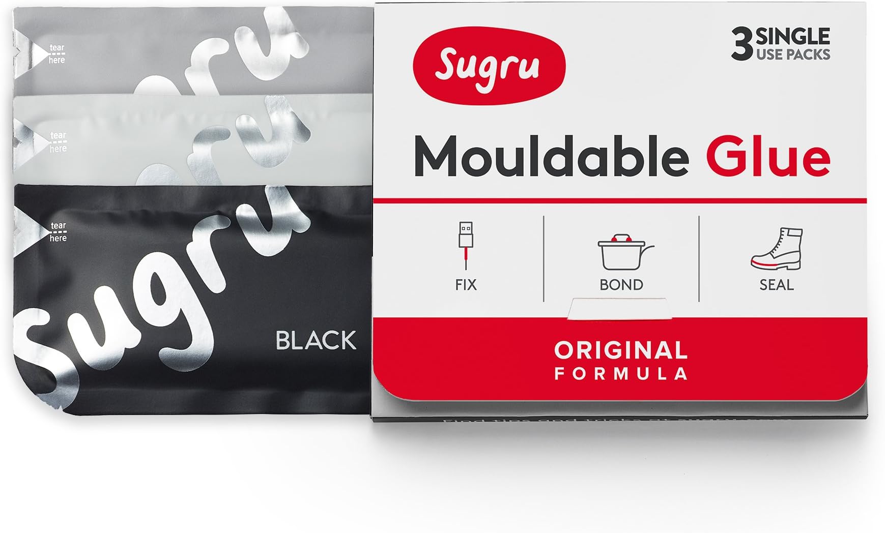 Sugru Mouldable Glue - Original Formula - All-Purpose Adhesive, Advanced Silicone Technology - Holds up to 2 kg - Black, White & Grey 3-Pack