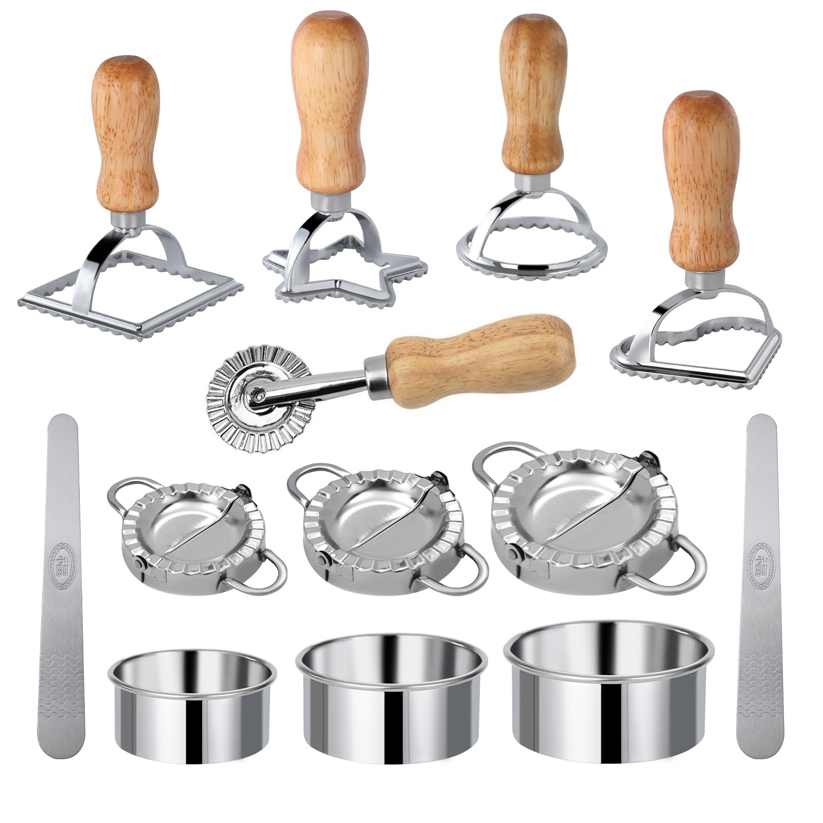 Pierogi – Juego de ruedas para cortar pasta, 14 piezas mejoradas, cortador de ravioles con mango de madera, rueda de prensa de pas