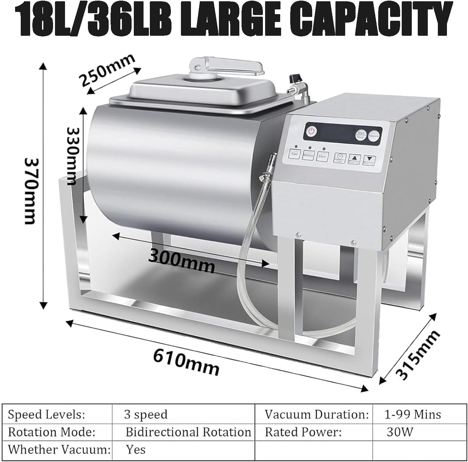 36lb/18L Vacuum Tumbler Marinating Machine,Commercial Meat Tumbler Marinator Stainless Steel Vacuum Marinating Machine 3 Speeds for Meat Poultry Seafood Vegetables
