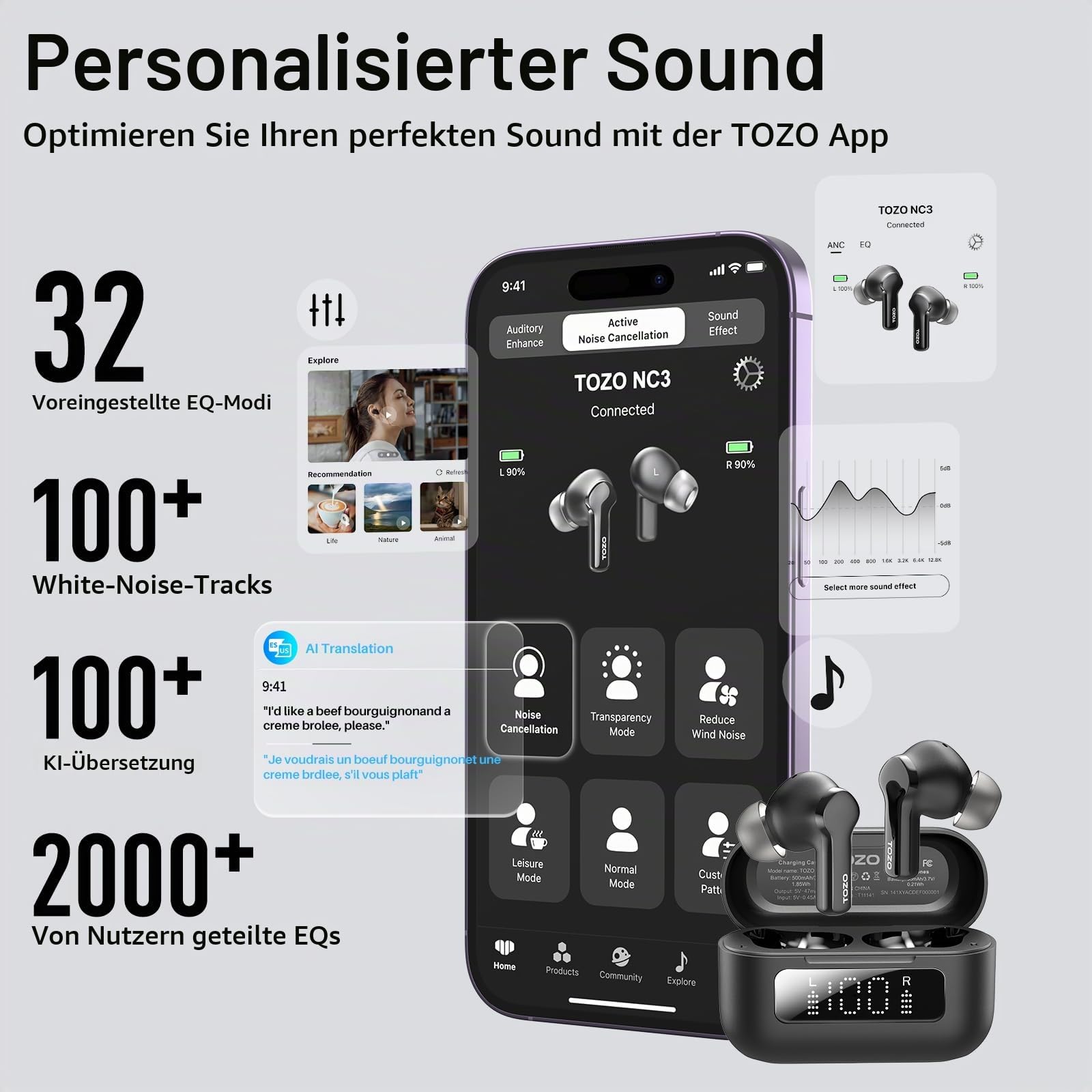 TOZO NC3 Kabellose Bluetooth In Ear Kopfhörer ANC mit Digitalanzeige IPX8