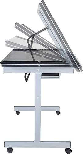 Miniatura 7 de OneSpace Estación de manualidades, escritorio de arte, escritorio de cristal ajustable con cajones y bandejas de suministros, color plateado