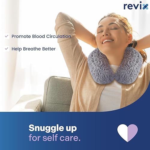 Miniatura 7 de REVIX Calentador de cuello para microondas, almohada térmica para el cuello con linaza, almohadilla térmica húmeda para hombros, almohadilla térmica