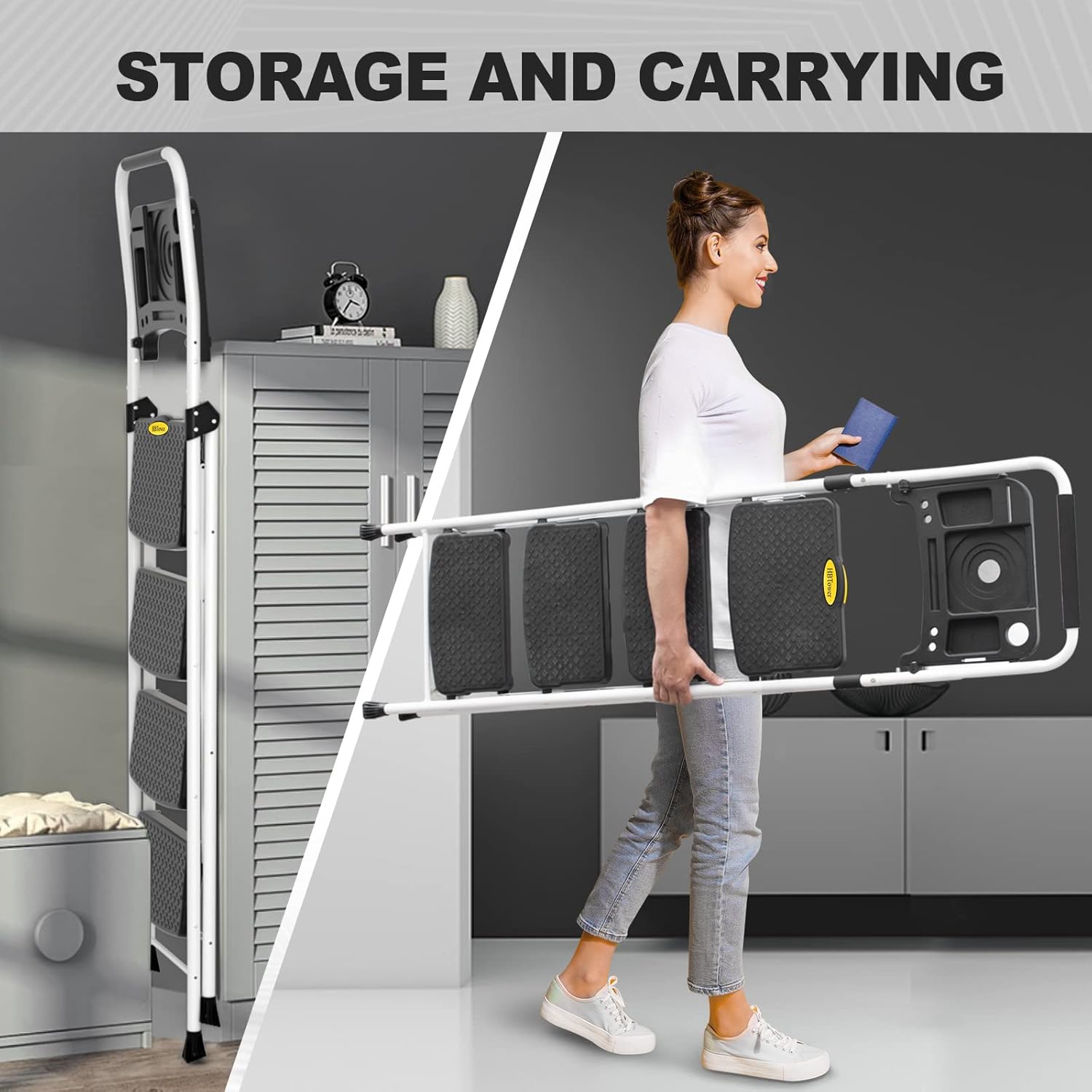 HBTower 4 Step Ladder, Folding Step Stool with Tool Platform, 330 LBS Portable Steel Ladder for Adults for Home Kitchen Library Office, White