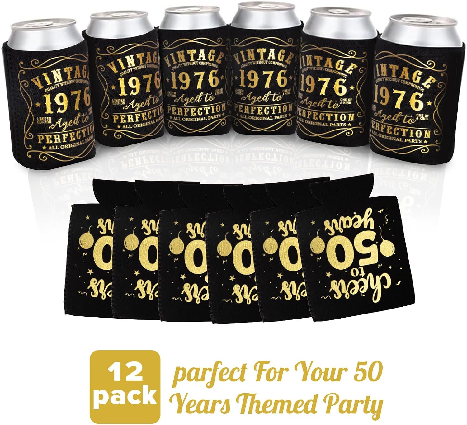 12Pack 50th Vintage Birthday Can Sleeves, Cheers to 50 Years Vintage 1976 50th Party Favor Decorations, Black and Gold Neoprene Soda Can Beverage Cooler Holder Sleeves for Fifty Year Old