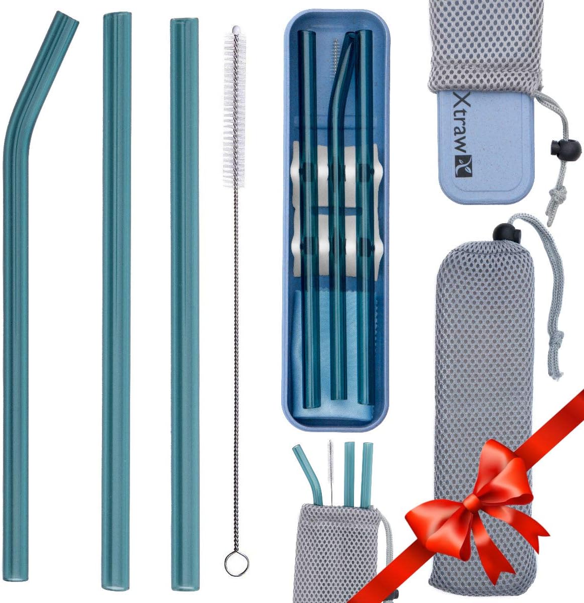 XTRAW Premium Reusable Glass Drinking Straws with Carrying Case and Protective Pouch Bag, Set of 3 With Protective Straw Stand, Cleaning Brush, Cleaning Cloth, Wheat Straw Plastic Travel Case, 7 inch
