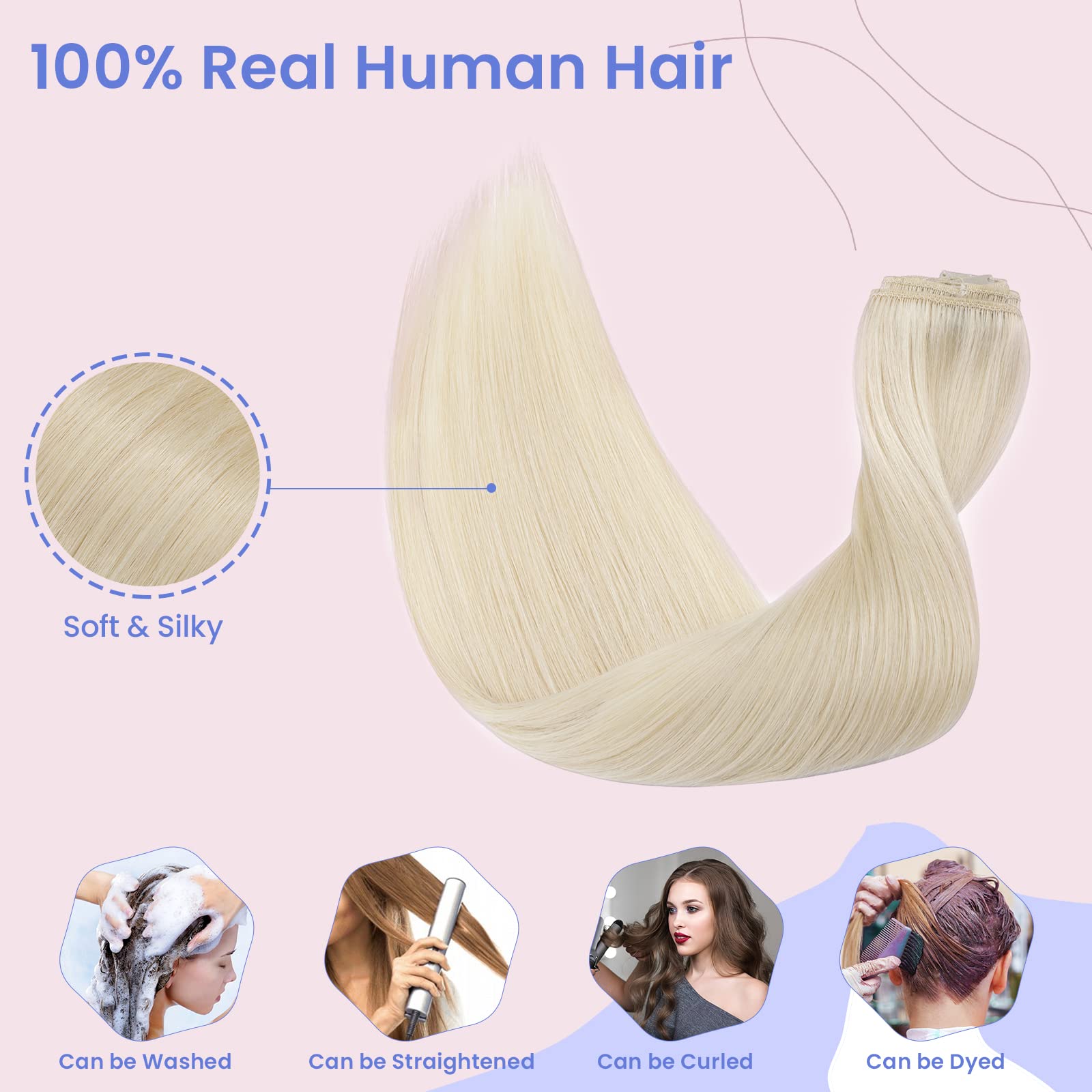 Elailite Hair Extension Real Human Hair Blonde Clip in Remy Natural Hair, 8 Pieces (Thin Weft) Full Head Straight - Image 4