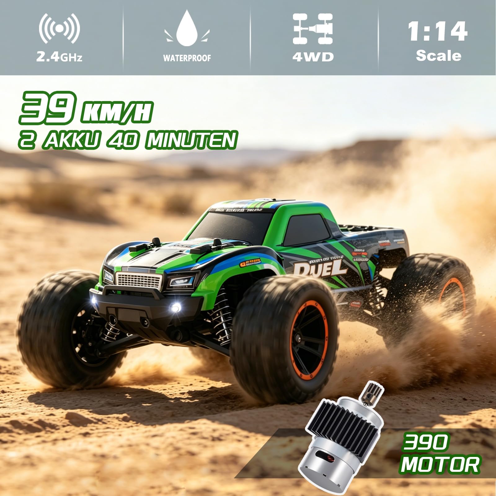 HAIBOXING Voiture Télécommandée Tout Terrain 1/14 4WD Voiture RC | 39km/h grande vitesse, 2.4GHz, Monster Truck, avec 2 batteries, 40min+, buggy, jouet de passe-temps pour adultes et enfants