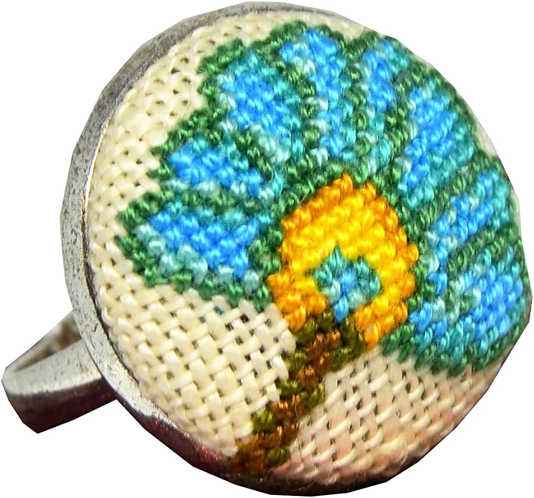 Handmade Embroidered Ring with Turquoise Flower - Adjustable Brass Ring
