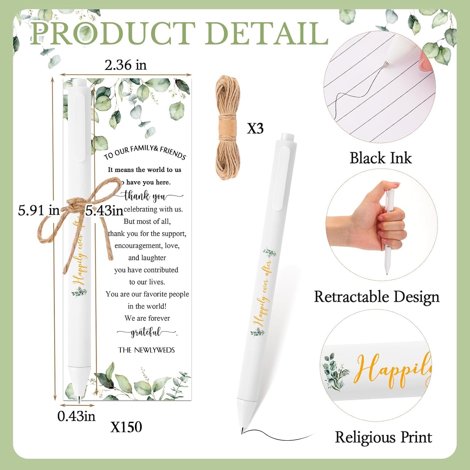 Tenceur 150 Sets Wedding Bridal Shower Pens for Guests with Thank You Cards and Twine Wedding Reception Party Favors Retractable Ballpoint Pens Bulk Black Ink for Proposal Bachelor Party Supplies