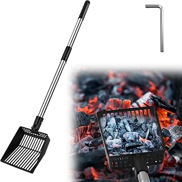 Long Handle Fireplace Ash Sifter, Hollow Out Metal Coal Shovel Adjustable Charcoal Shovel Scoop Heat Resistant Fireplace Tools for Wood Stove Fire Pit Grill 26inch/36inch