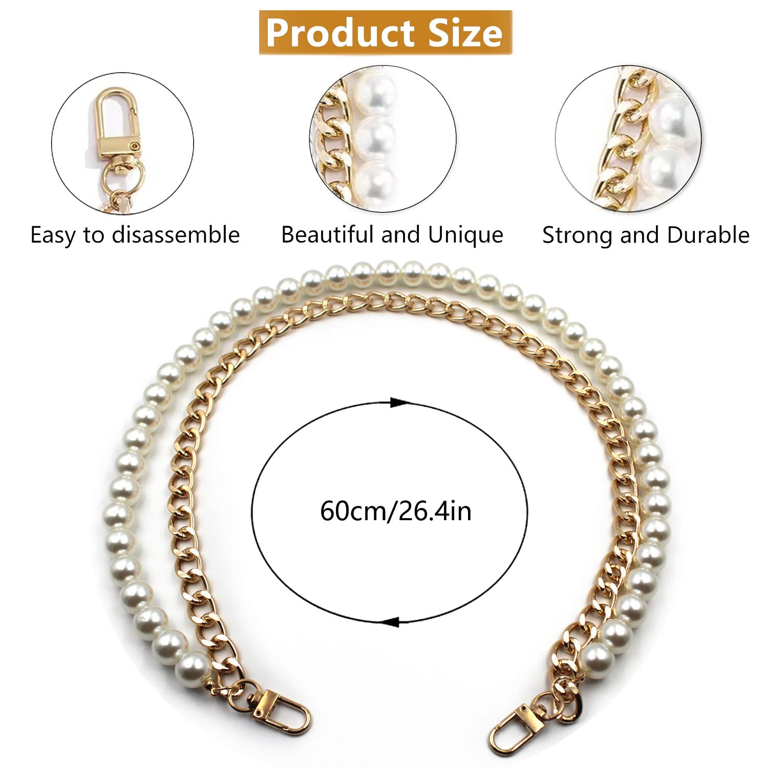Perlen-Verlängerungskette Für Handtaschen – Doppelkette Mit Edelstahl & Künstlichen Perlen, 31 Cm, Gold
