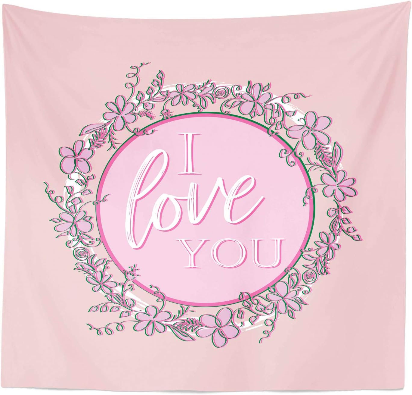 Lunarable I Love You Tapestry King Size, Valentine's Day Romantic Words in Floral Round Frame, Wall Hanging Bedspread Bed Cover Wall Decor, 30" X 45", Pale Pink Purple
