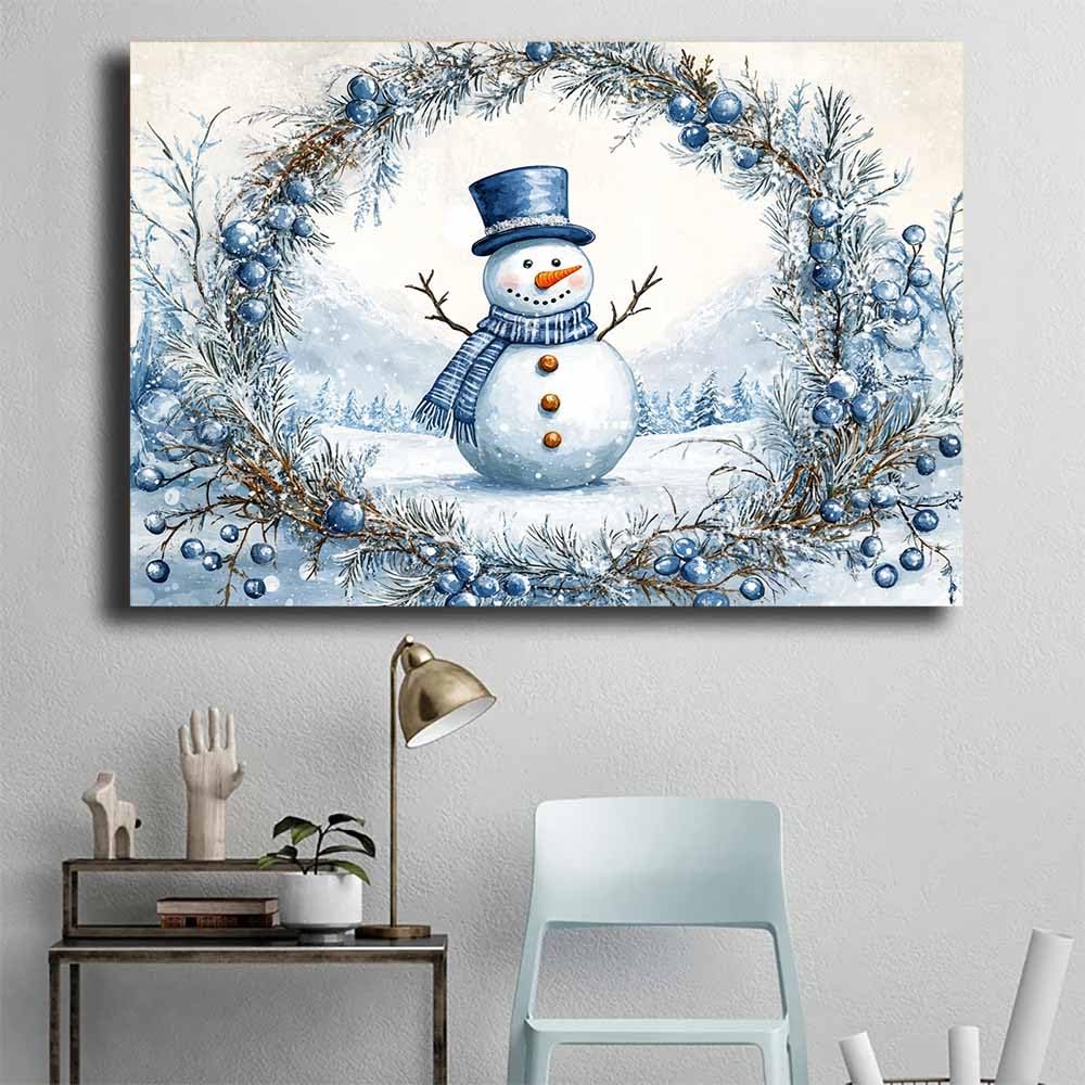QUSAAOU Art Wall Decor Schneemann mit blauem Kranzrahmen Wanddeko Bild Schlafzimmer KüChe Deko Wandbilder Dekoration Wohnzimmer Wall Decor Canvas Wand Kunstdruck(Blau)-70x100cm Ungerahmt