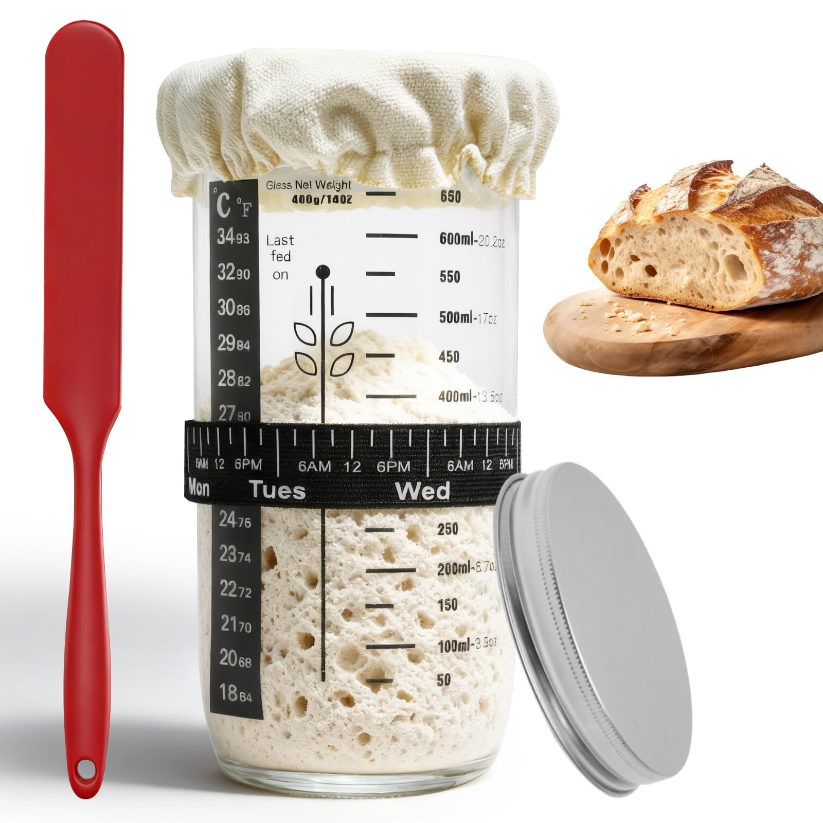 Kit De Tarro De Masa Madre 730 ml Con Termómetro Para Panadería y Fermentación