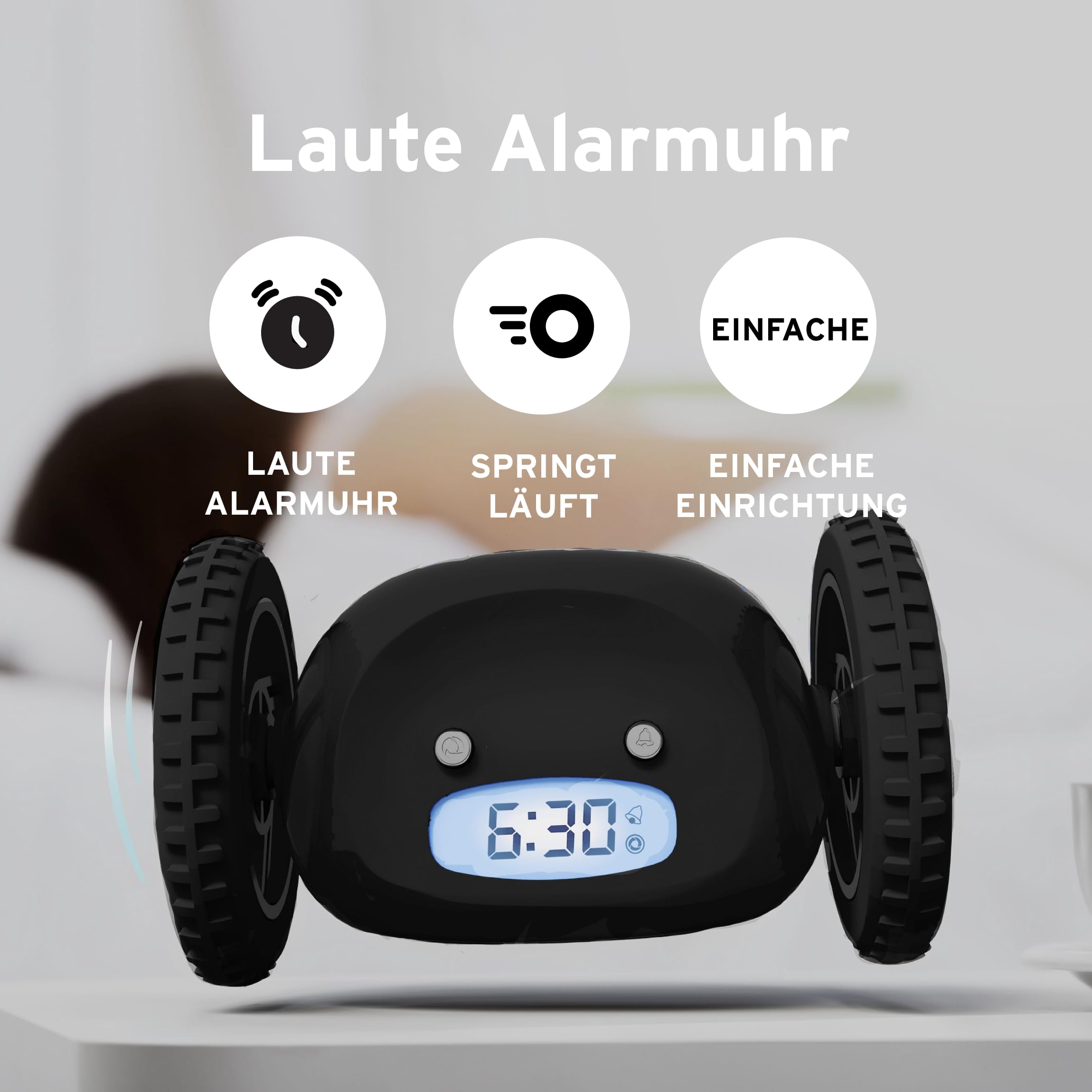 CLOCKY Lauter Digital Wecker Laut für tiefschläfer Erwachsene Jugendliche Lustig für schwerhörige schwere Schläfer auf Rädern Weglaufen Fahrender Springen Wegrollen Lustiges Geschenk (Schwarze Räder)