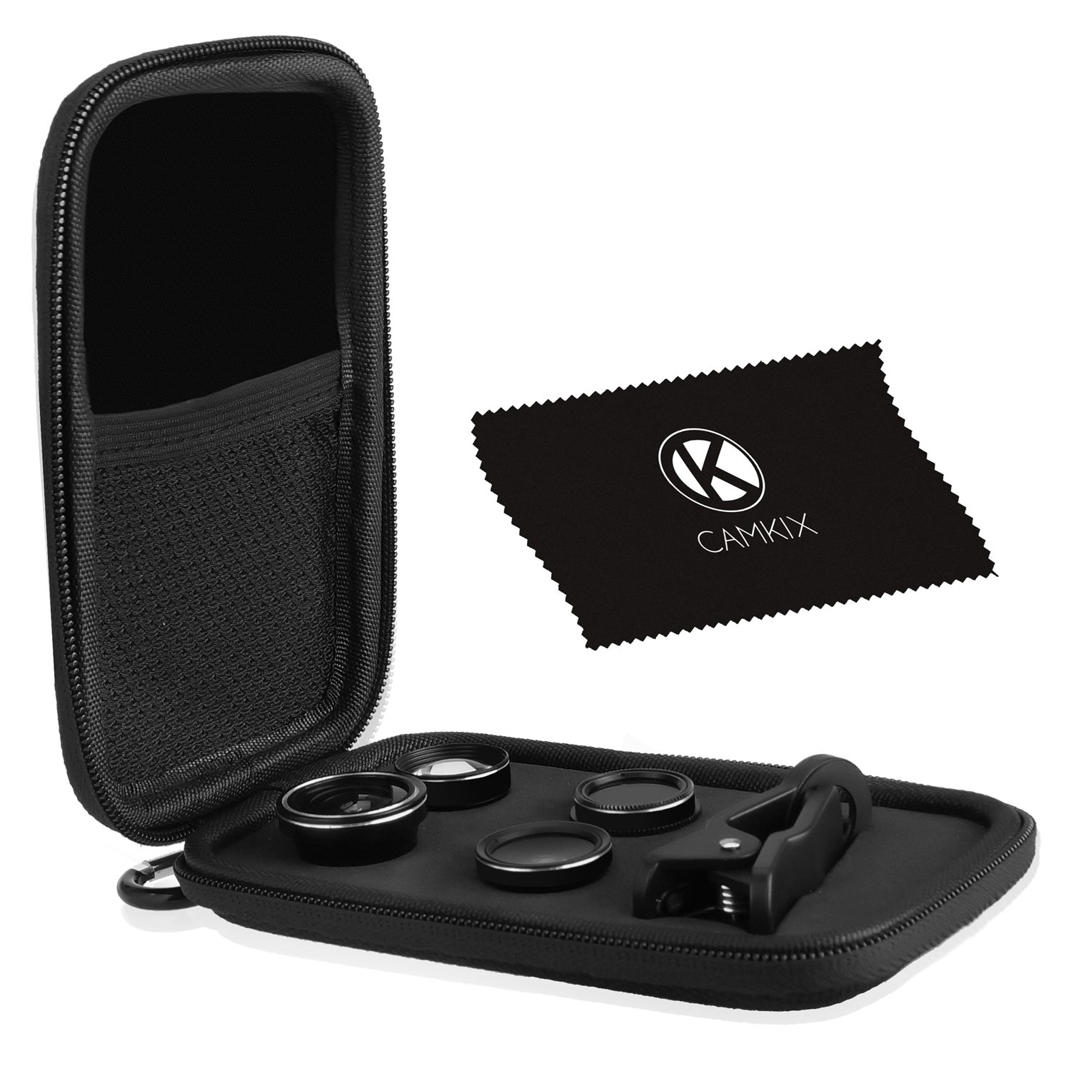 Camkix Deluxe Universal 5in1 Camera Lens Kit For Smartphone Tablet And Laptop Fish Eye 2in1 Macro And Wide Angle Cpl And 2x Tele Lens Universal Clip Case With Carabiner And Cleaning