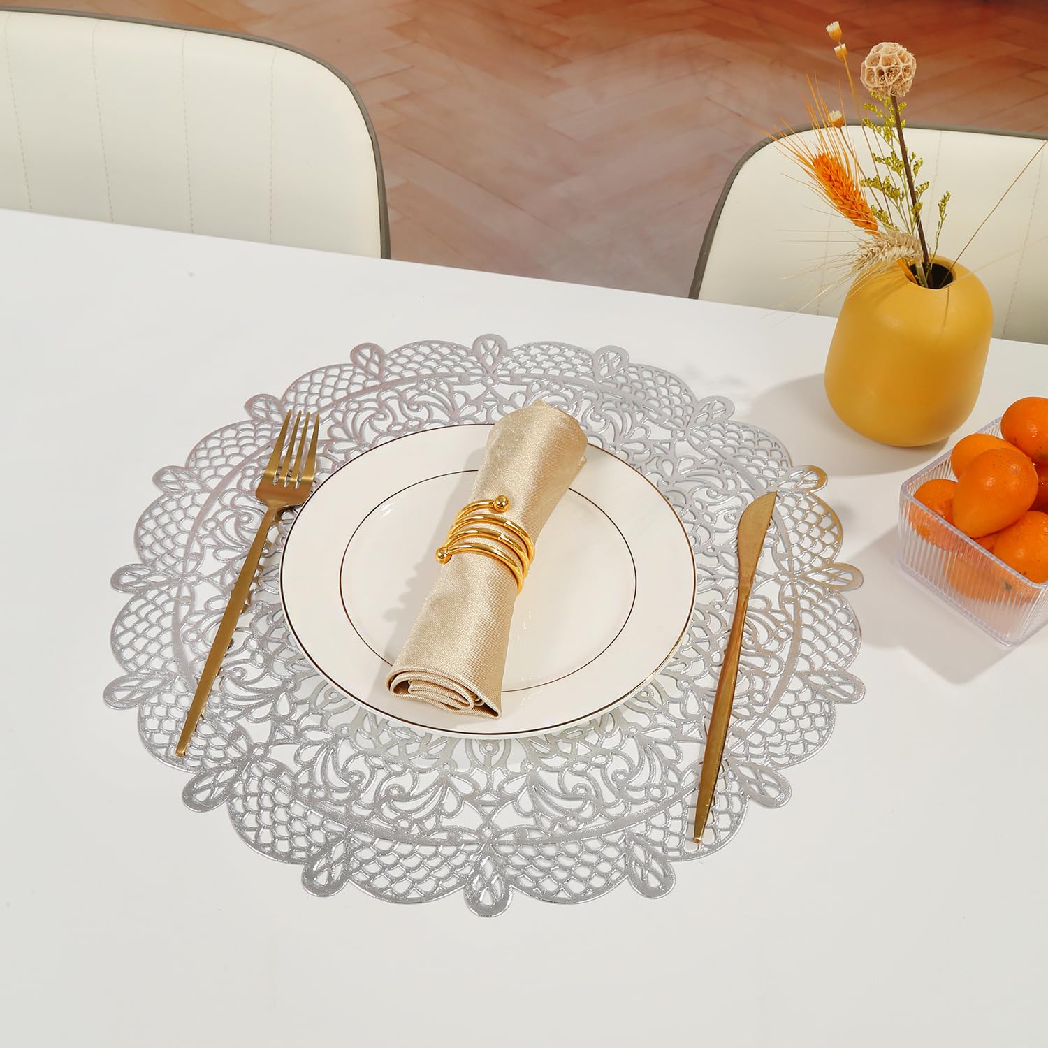 Salvamanteles Individuales, Juego de 4 Manteles Individuales y Posavasos Lavables de PVC Manteles Individuales de Lujo con Lámina de Oro Manteles Decorativos Resistentes al Calor para Restau