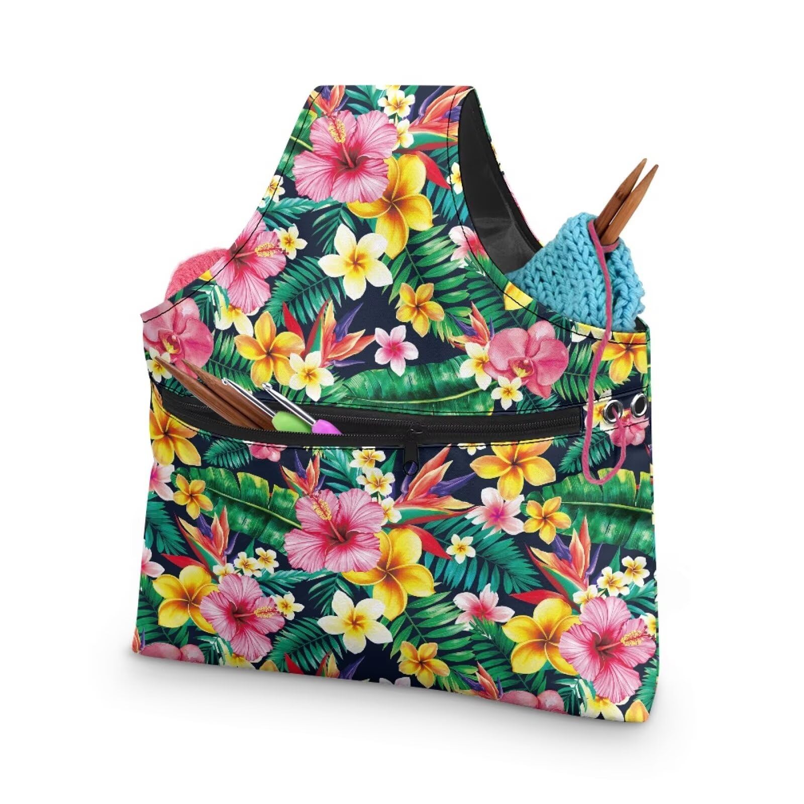 ZUXONGSY Tropical Flower Yarn Bags for Knitting Hibiscus Plumeria Flower Yarn Storage Organizer for Crochet Portable Knitting Project Bag