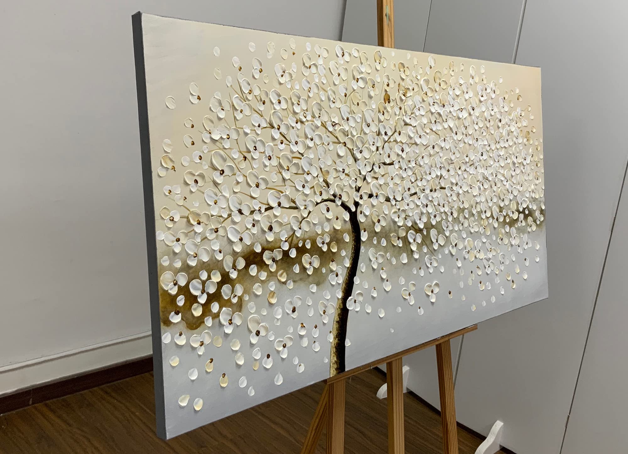 Yotree Large Original Oil Painting, Big White Flower Tree, Decorative Painting, Living Room Painting, Natural Home Decoration, Handmade Painting Ready To Hang 48x24 Inch