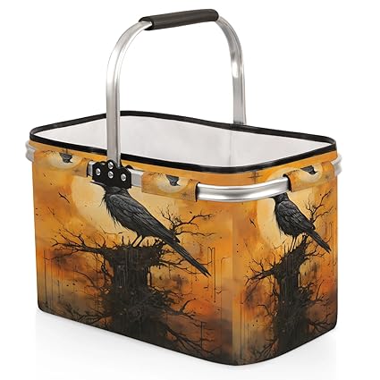 Kizmoglux Crow Yellow Black Collapsible Market Basket, Foldable Picnic Basket - Large Shopping Basket with Handles, Portable Folding Bag for Shopping Camping Picnic