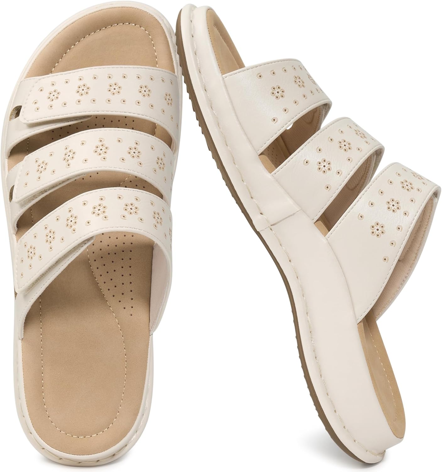 Aomigoct Womens Sandals Comfortable Slides: Dressy Summer Walking Sandals Open Toe - Adjustable Arch Support Ladies Casual Shoes