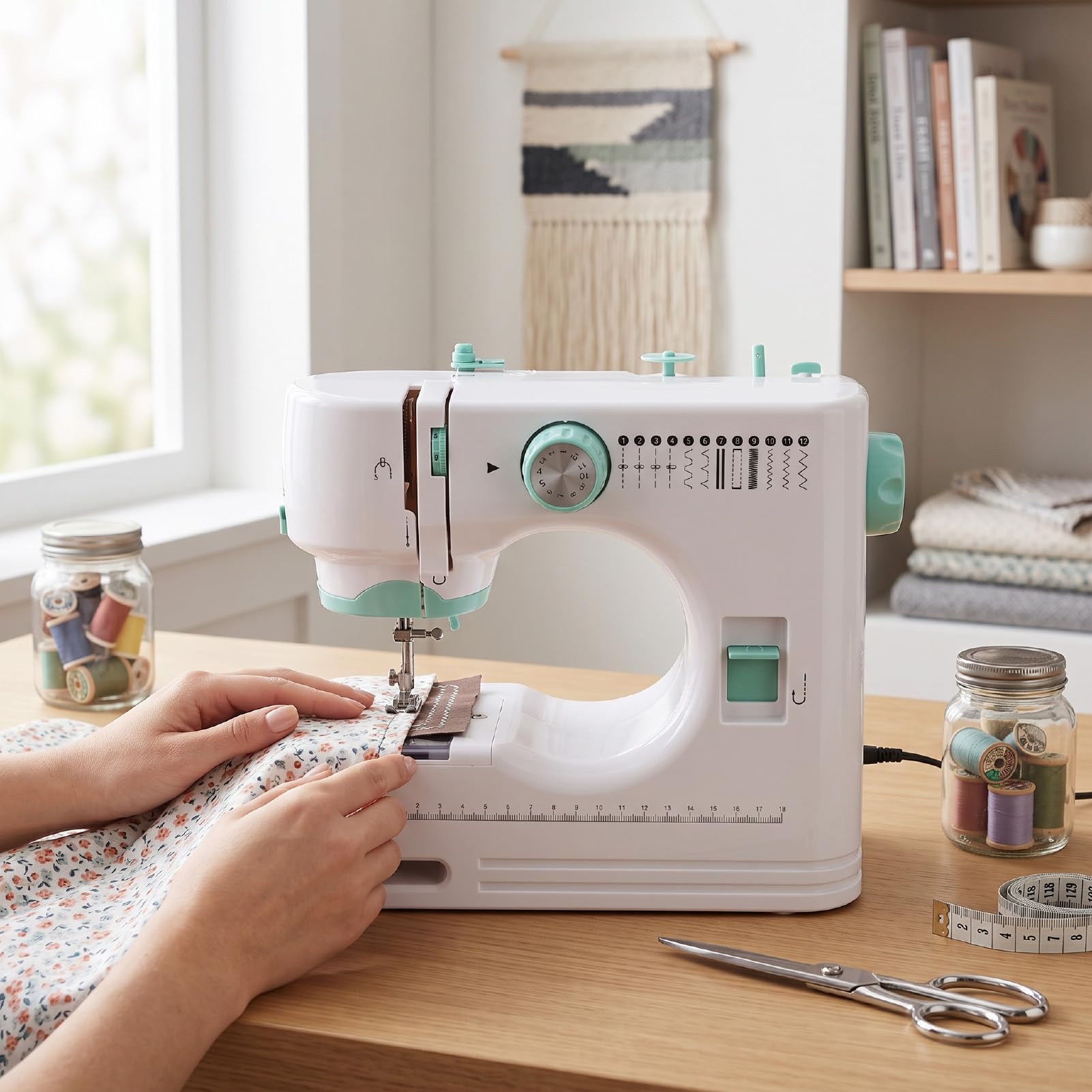 Mini Macchina da Cucire Elettrica, 12 Punti, 2 Velocità con | Con luce LED, retromarcia, asola in 4 passaggi e ago doppio per riparazioni, abbigliamento e progetti creativi