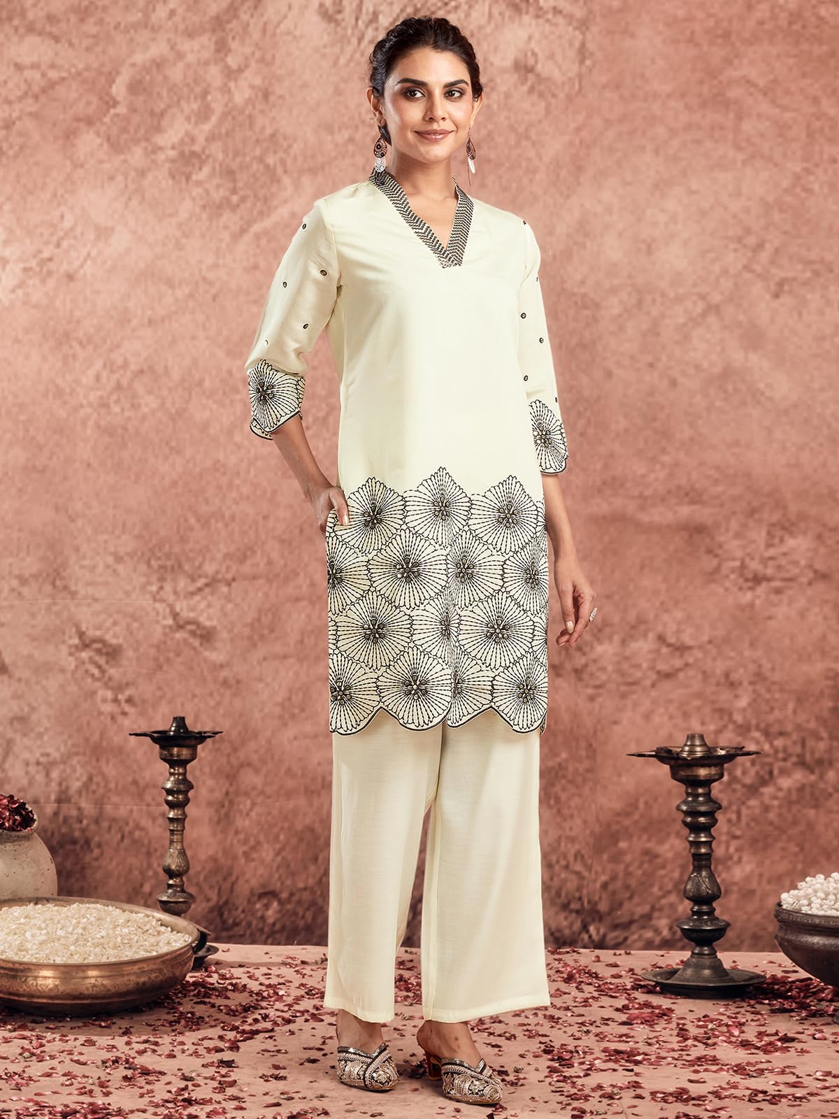 Selvia Co-Ords Set For Women|Silk Blend Kurti And Trouser Set|Ethnic Co-Ords Set For Women|Embroidery Two Piece Co-Ord Set(743Ctk8024N-S_Creme)