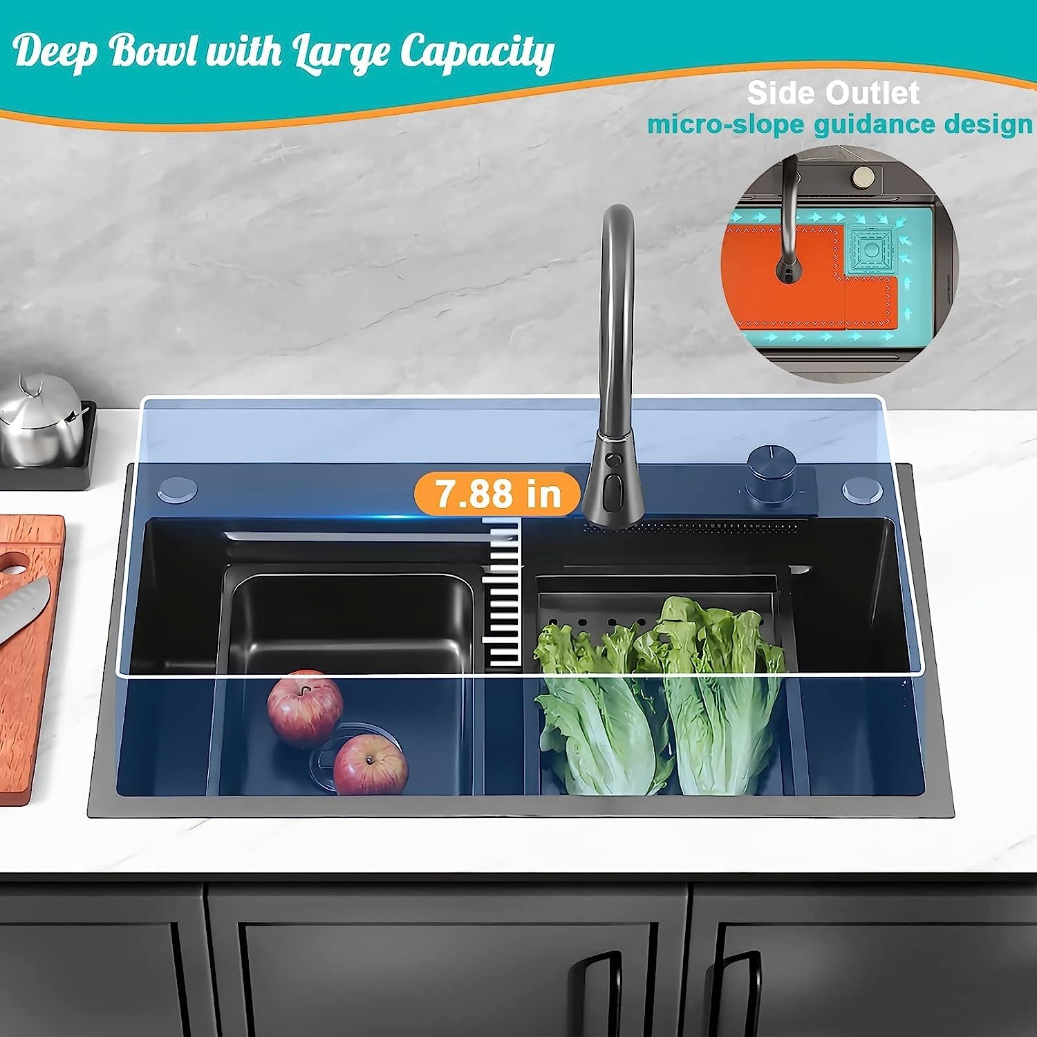 SEA SHORE 304 Grade Stainless Steel Kitchen Sink 30" x 18" x 10" – Multifunction Sink with Pull-Down Faucet, Integrated Waterfall, Cup Washer & Drain Baskets (Black) 1