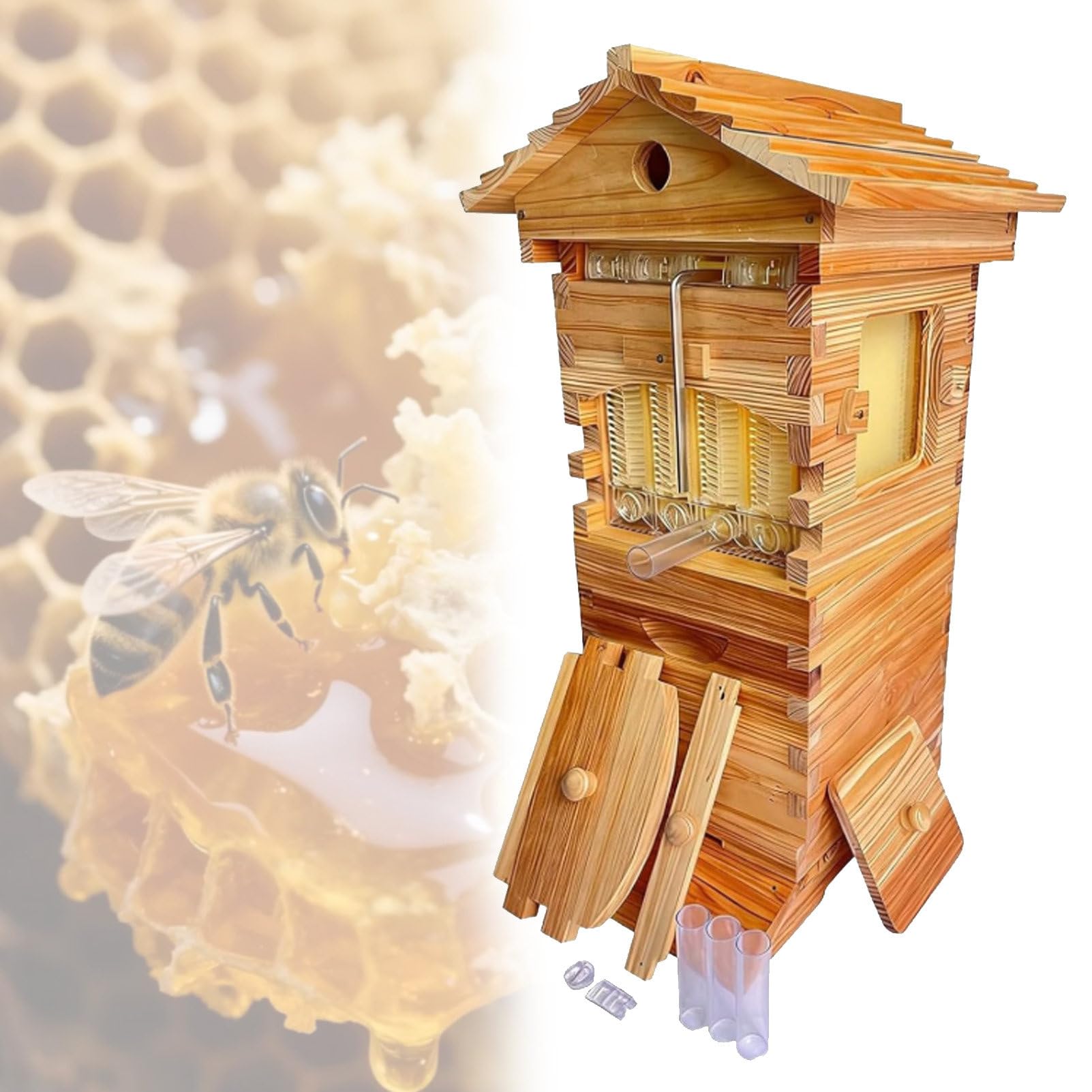 Pvxa Self-Flowing Wooden Bee Hive Box with Observation Window, Beehive Starter Kit, Includes 4 Bee Frames and 6 Honeycomb Trays, for Backyard Beginners