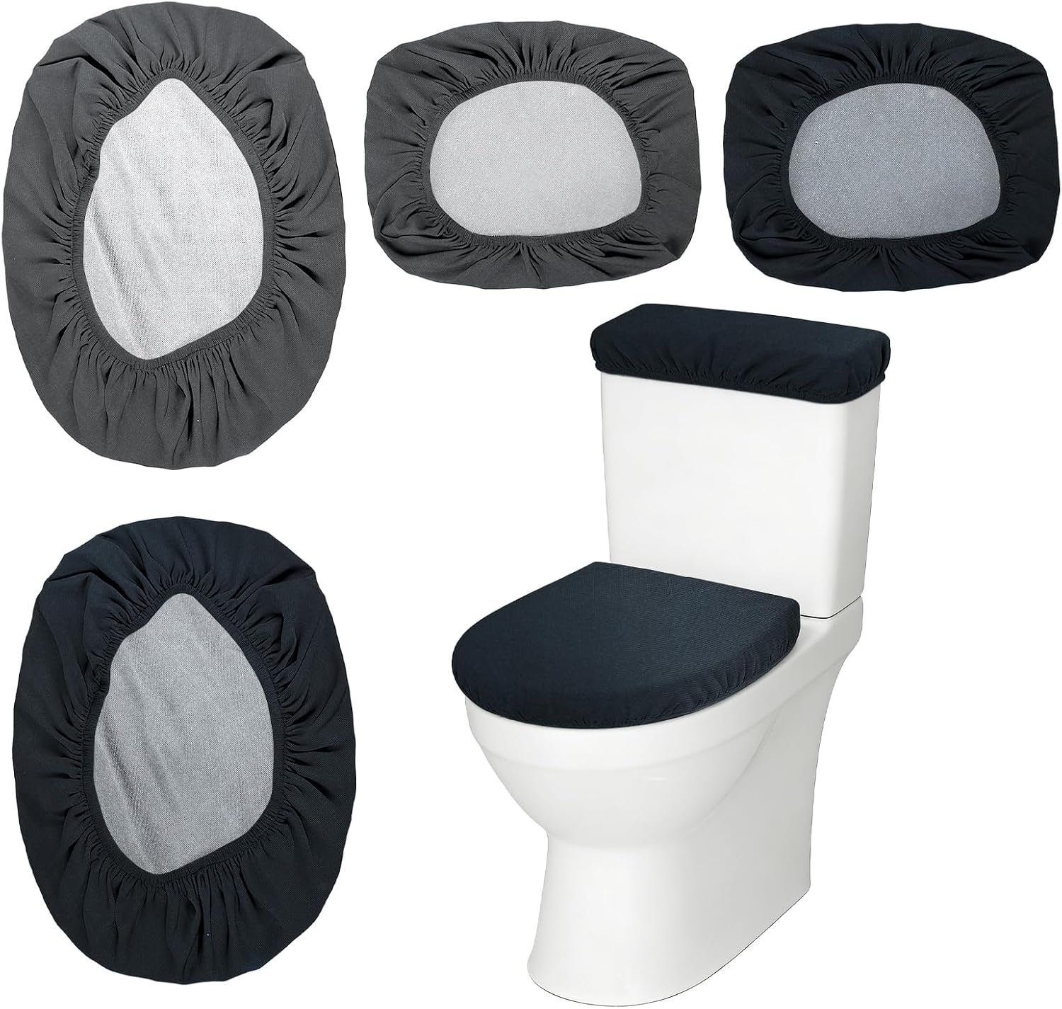 2 Pack Toilet Lid Cover and Toilet Tank Cover Set with Elastic Bottom, Universal Toilet Seat Cover for A Lid Toilet Tank Toilet Top Covers Back of Toilet Tank Covers Replacement (Black+Gray)