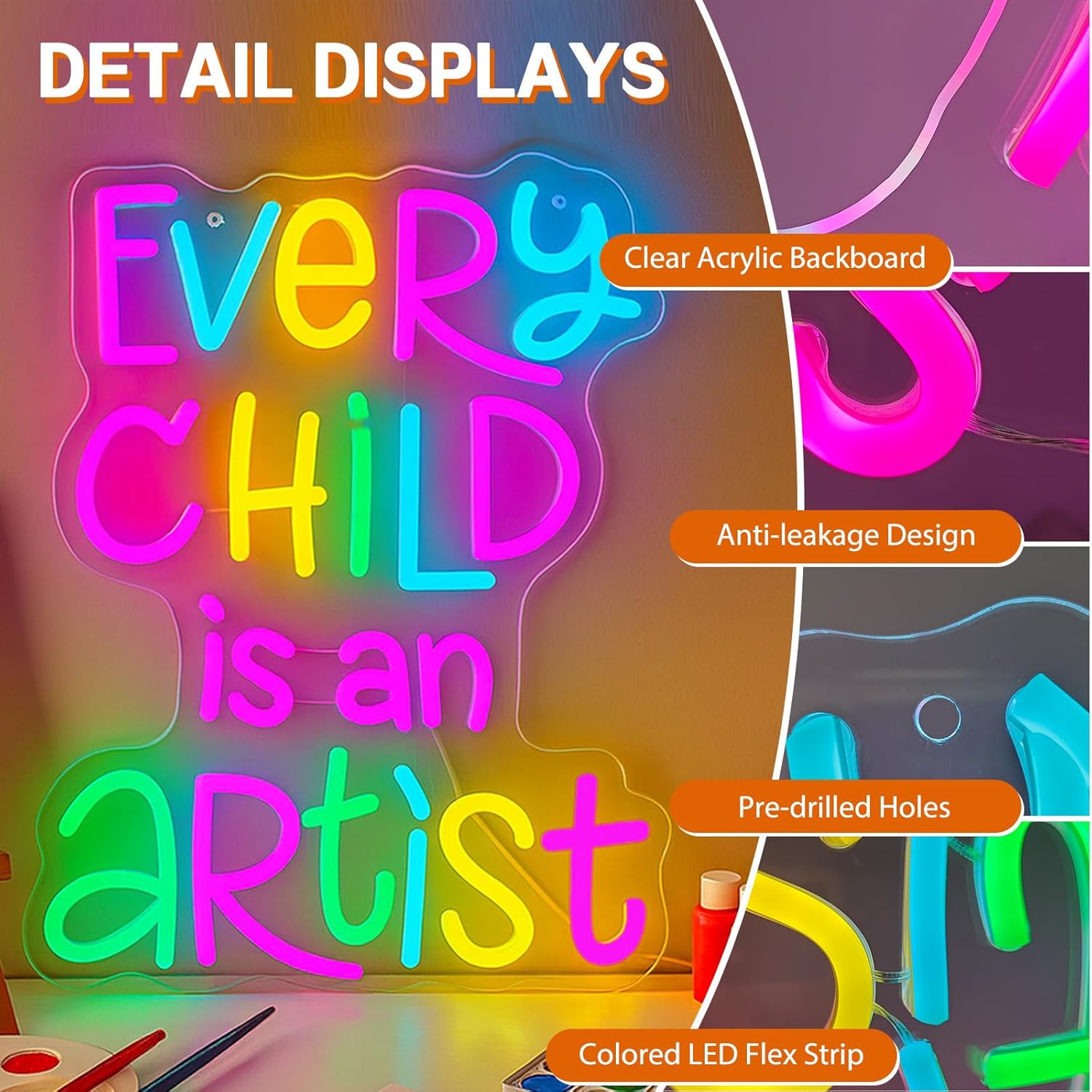 Every Child Is an Artist Neon Sign, Classroom Decor USB Powered Dimmable LED Word Light, Library Reading Corner & Home Study Wall Art, Teacher Gift, Easy Hang Acrylic Backboard - Image 4