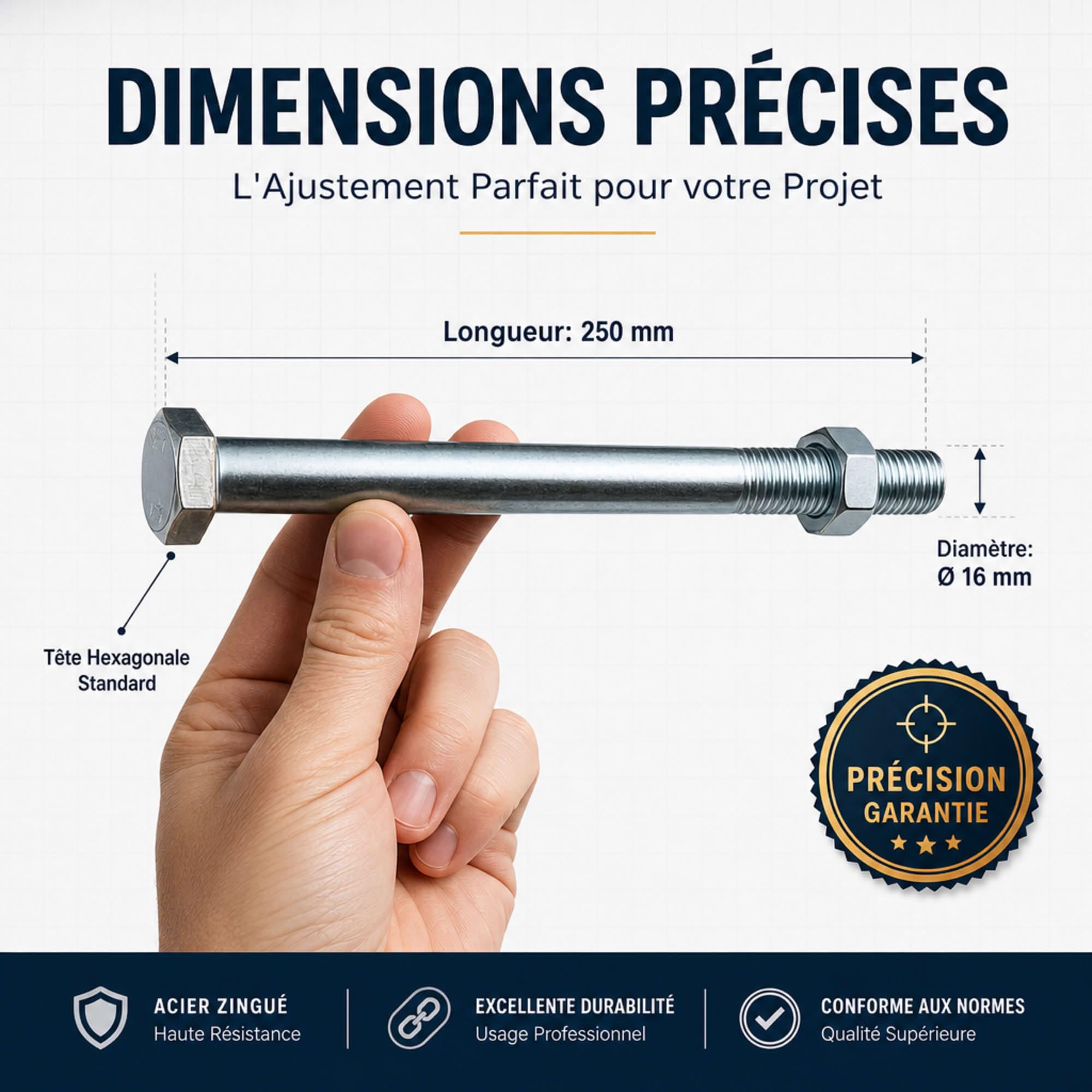 25 Boulons de Charpente tête hexagonale zingués - diamètre 16 mm - Longueur 220 mm - Diamètre 16 mm