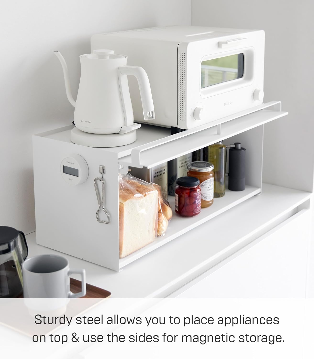 YAMAZAKI Home Back-Opening Kitchen Countertop Storage Rack – Compact Organizer with Lift-Up Door for Spices, Condiments & Pantry Items – Modern Steel Cabinet for Small Spaces - Steel