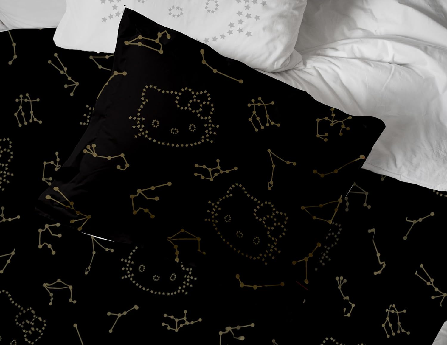 Jay Franco Hello Kitty Stars Twin Comforter Set - 5 Piece Bedding Includes Sheet Set & Pillow Covers - Super Soft Zodiac Black & Gold Bedding