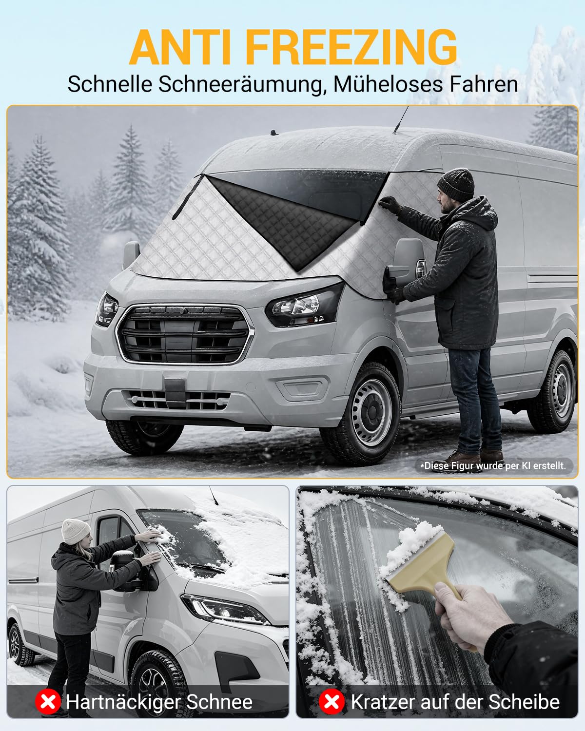 Frontscheibenabdeckung MK8 MK9 Thermomatte Wohnmobil mit Zipper | Windschutzscheibenabdeckung, Aluminiumfolie, UV-Schutz, Wasserdicht, für F-ord Transit MK8 und MK9 2015–2026