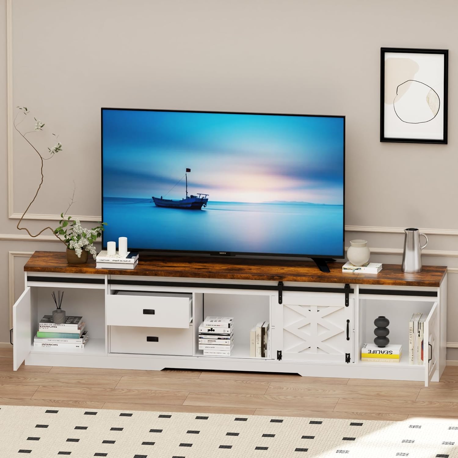 98” Farmhouse TV Stand for TVs up to 100" Large Television Media Console Table with Drawers and Storage Cabinets Modern Entertainment Center for Living Room Bedroom Rustic White